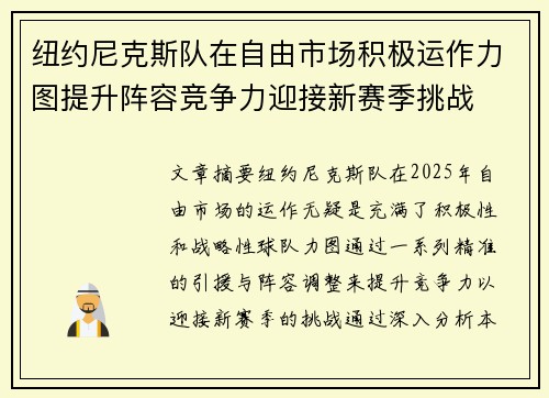 纽约尼克斯队在自由市场积极运作力图提升阵容竞争力迎接新赛季挑战